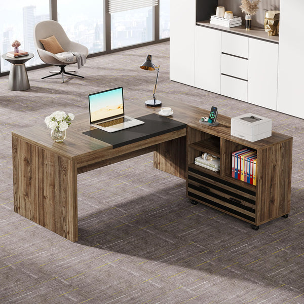 L-Shaped Executive Desk with Mobile File Cabinet and Storage Shelves