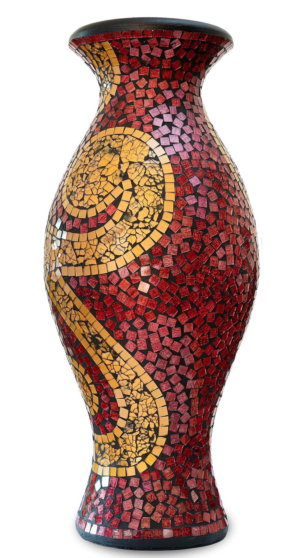 Mosaic Terracotta Floor Vase – 24 Inch Tall Cylinder, Ruby Red & Gold