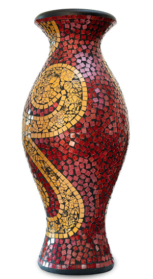 Mosaic Terracotta Floor Vase – 24 Inch Tall Cylinder, Ruby Red & Gold