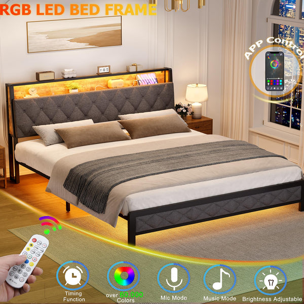 Queen Size Upholstered Bed Frame with LED Lights & Storage Headboard