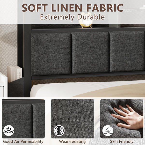 Upholstered Platform Bed Frame with Storage Drawers, LED Lights & Charging Station