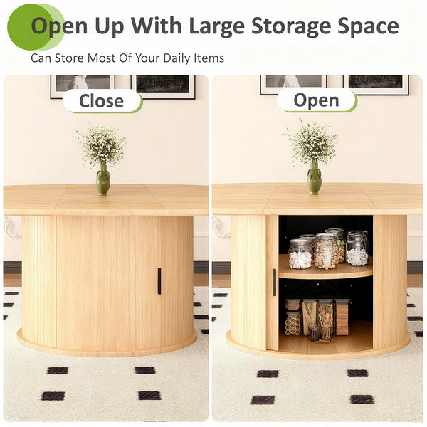 63 Inch Extendable Round Dining Table with 2-Tier Storage Shelf