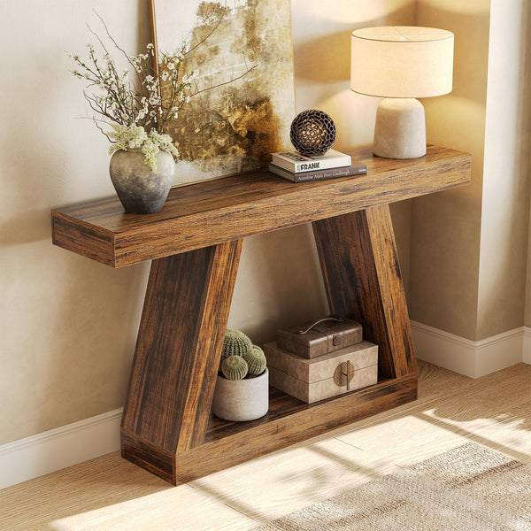 55-Inch Farmhouse Console Sofa Table with Storage Shelf