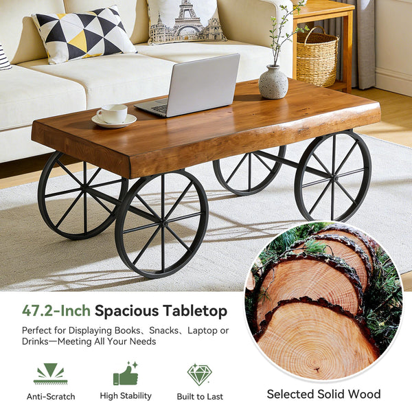 47" Industrial Live Edge Coffee Table – Solid Pine Wood & Metal Legs