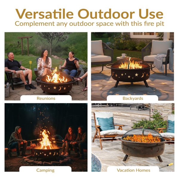 42-Inch Round Wood-Burning Outdoor Fire Pit with Spark Screen and Poker