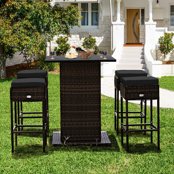 5-Piece Outdoor Wicker Bar Set with 4 Stools & Hidden Storage