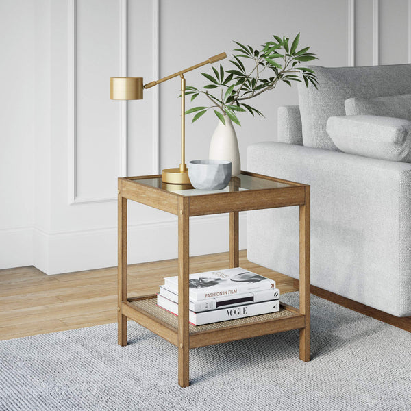 Glass Top End Table with Rattan Shelf & Wood Frame