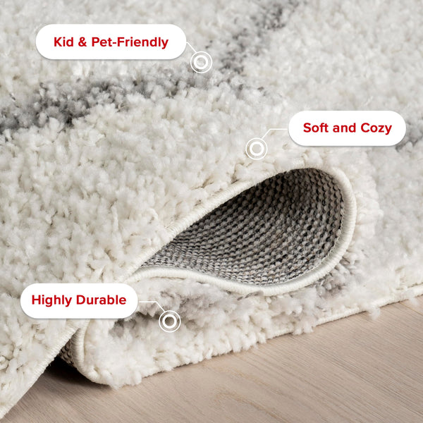 Moroccan Trellis Shag Area Rug 5x8 – Polypropylene, White/Grey
