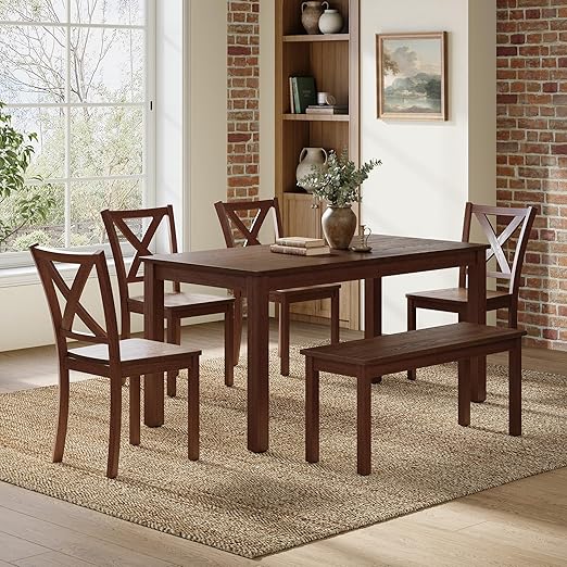 6-Piece Farmhouse Dining Table Set with Bench