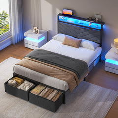 Upholstered Bed Frame with Storage Drawers, LED Lights & Charging Station