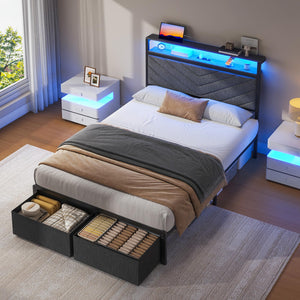 Upholstered Bed Frame with Storage Drawers, LED Lights & Charging Station