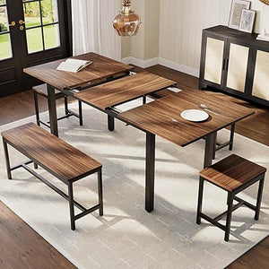 5-Piece Extendable Dining Table Set with Benches and Stools