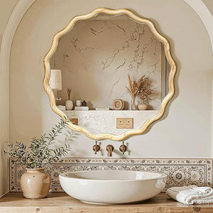 Wavy Round Wood Wall Mirror with Scalloped Frame