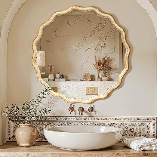 Wavy Round Wood Wall Mirror with Scalloped Frame