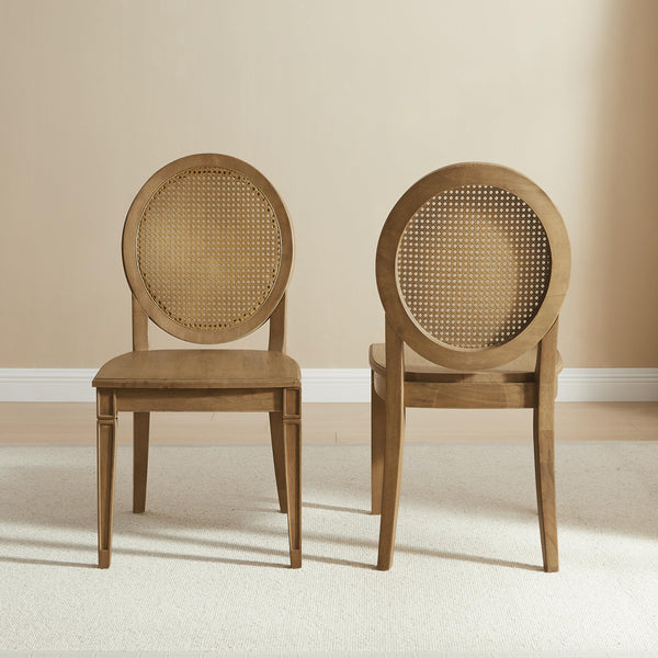 Oval Cane Back Dining Chairs Set of 2 – Rubberwood & Rattan, Driftwood Finish