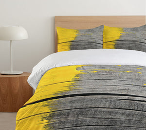 Queen Duvet Cover Set – Yellow Grey Brushed Microfiber 3-Piece Bedding Set with Pillow Shams