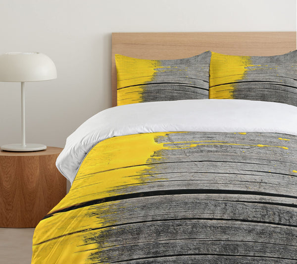 Queen Duvet Cover Set – Yellow Grey Brushed Microfiber 3-Piece Bedding Set with Pillow Shams
