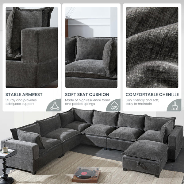 U-Shaped Sectional Sofa with Storage Ottoman – 7-Seat Chenille Couch, Grey