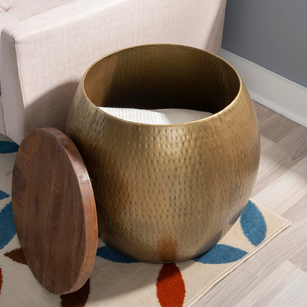 Hammered Metal Storage Drum Side Table with Wood Top