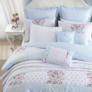 Queen Comforter Set 7-Piece Patchwork Floral Blue
