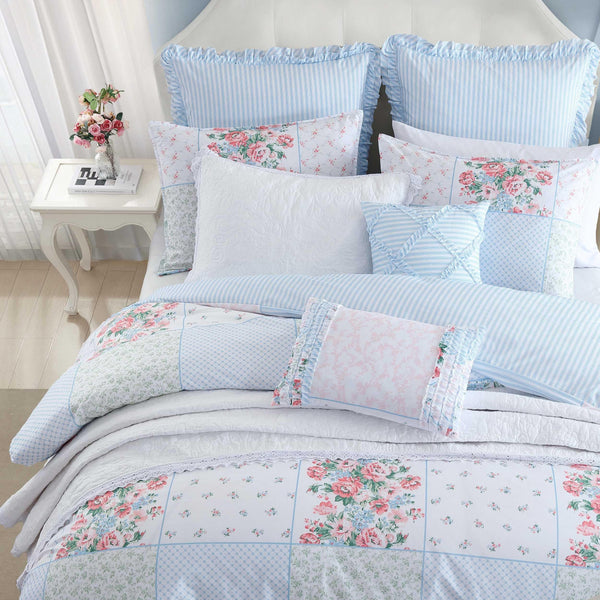 Queen Comforter Set 7-Piece Patchwork Floral Blue