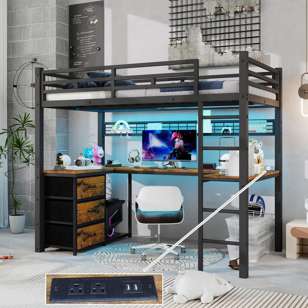 Twin Loft Bed with U-Shaped Desk, LED, Storage Drawers & Power Outlet