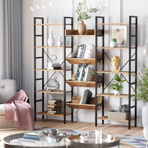 Triple Wide 5-Tier Industrial Bookshelf with Metal Frame