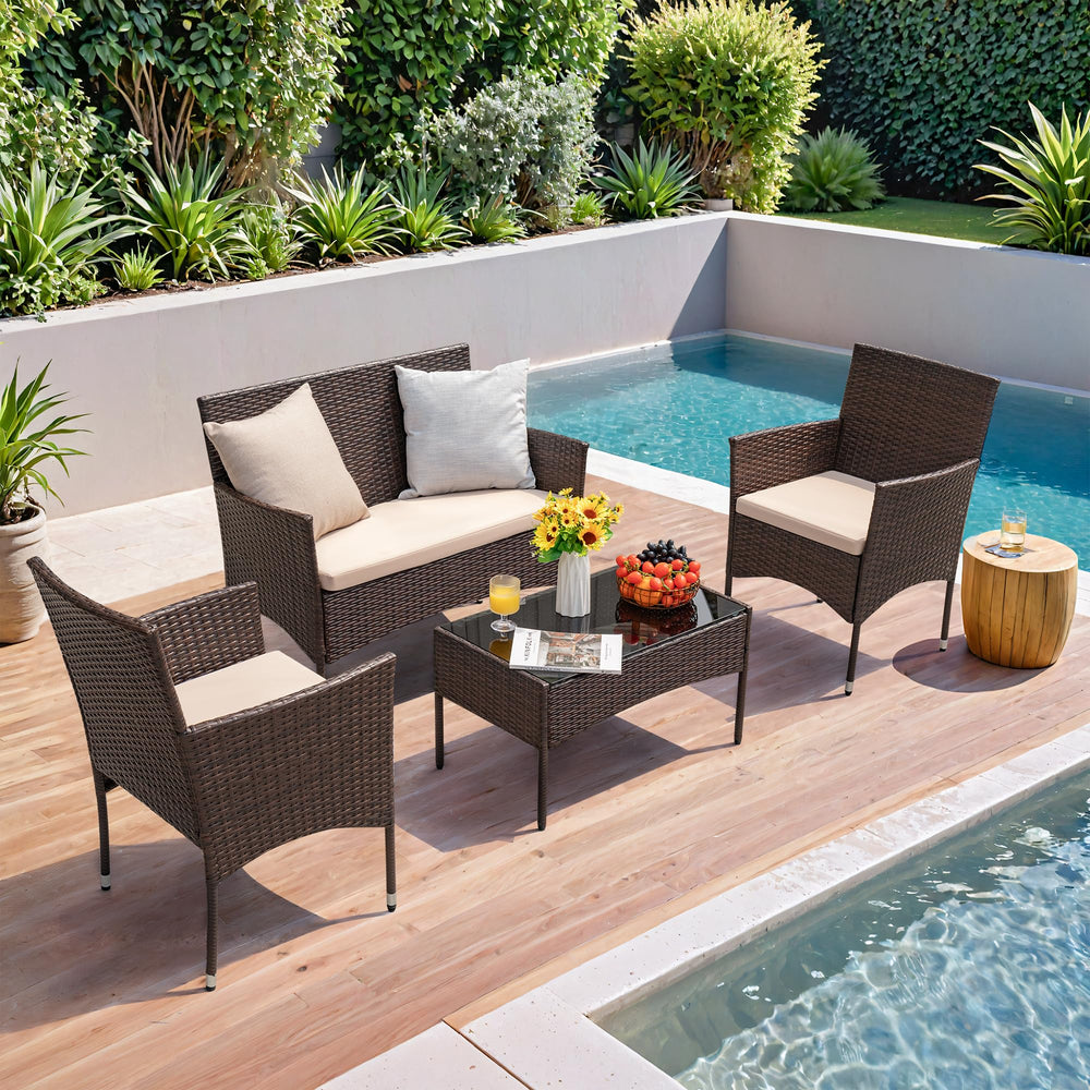 4-Piece Outdoor Patio Furniture Set – Rattan Wicker Chairs with Table