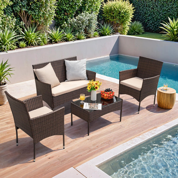 4-Piece Outdoor Patio Furniture Set – Rattan Wicker Chairs with Table
