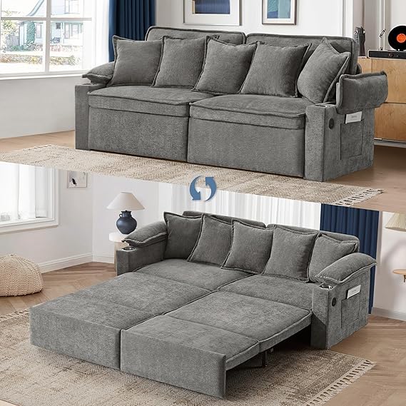 King Size Pull Out Sofa Bed – 3-in-1 Convertible Sleeper with USB & Storage