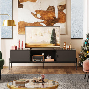 Mid-Century Modern TV Stand with Storage Cabinets & Metal Legs