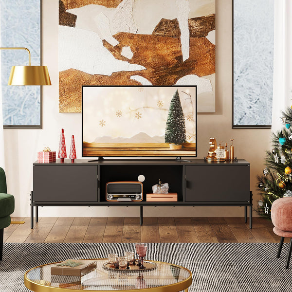 Mid-Century Modern TV Stand with Storage Cabinets & Metal Legs