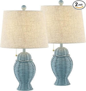Natural Wicker Table Lamp Set of 2 with Linen Shade