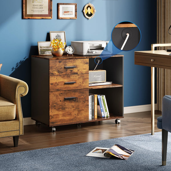 3-Drawer Mobile File Cabinet with Open Shelves