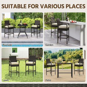 Outdoor Wicker Bar Stools with Armrests, Footrests & Cushions (Brown/Beige)