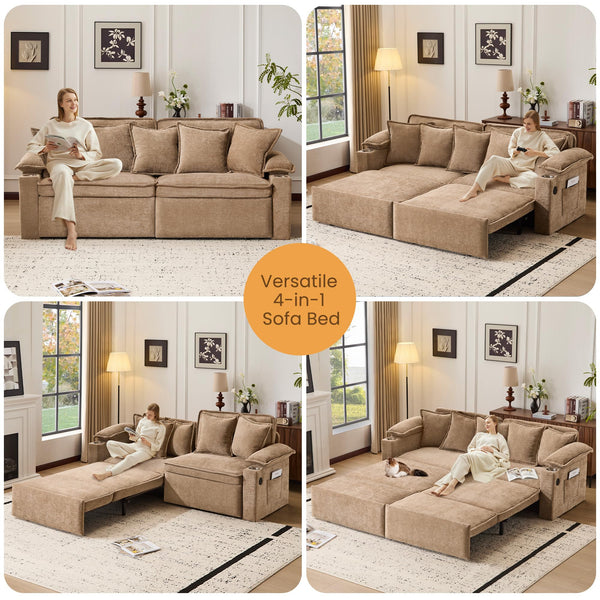 King Size Pull-Out Sofa Bed – 4-in-1 Convertible Sleeper with USB Ports & Storage