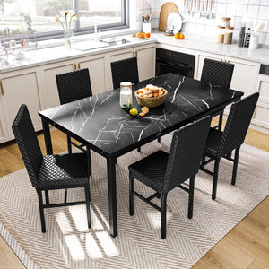 7-Piece Faux Marble Dining Table Set for 6 with PU Leather Chairs