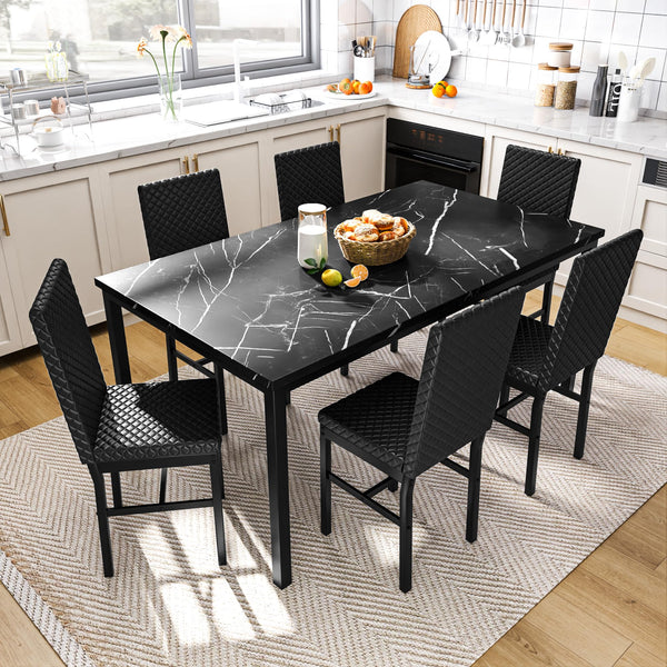 7-Piece Faux Marble Dining Table Set for 6 with PU Leather Chairs