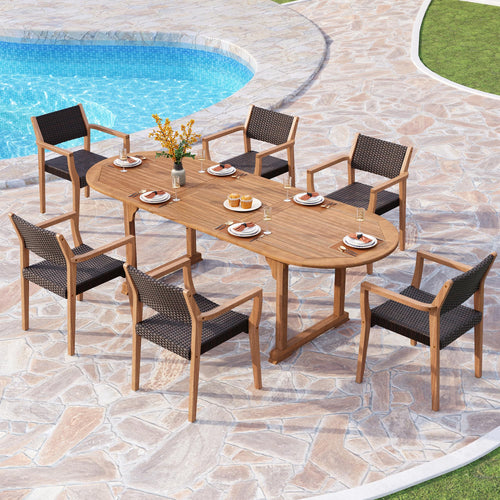 7-Piece Extendable Acacia Wood Outdoor Dining Set – Teak
