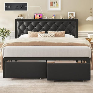 Metal Platform Bed Frame with Storage Drawers & Charging Station