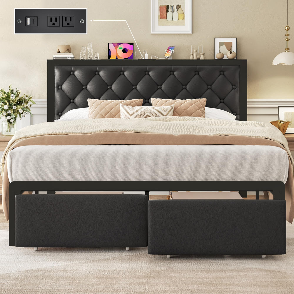 Metal Bed Frame with Storage Drawers & Charging Station