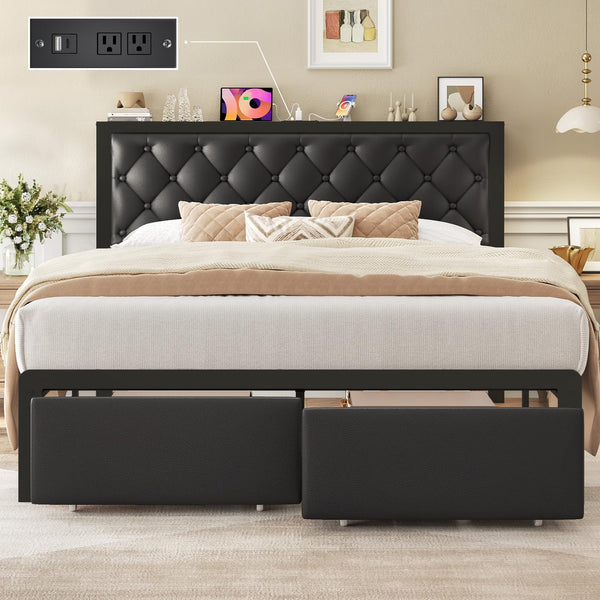Metal Bed Frame with Storage Drawers & Charging Station