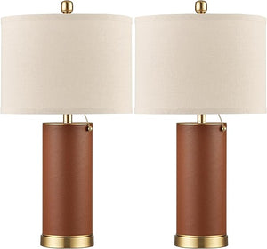 PU Leather Table Lamp Set of 2 with Beige Fabric Shade