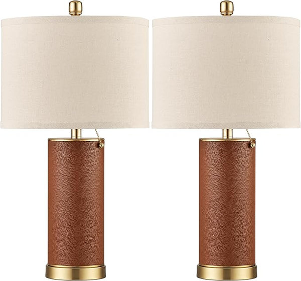 PU Leather Table Lamp Set of 2 with Beige Fabric Shade