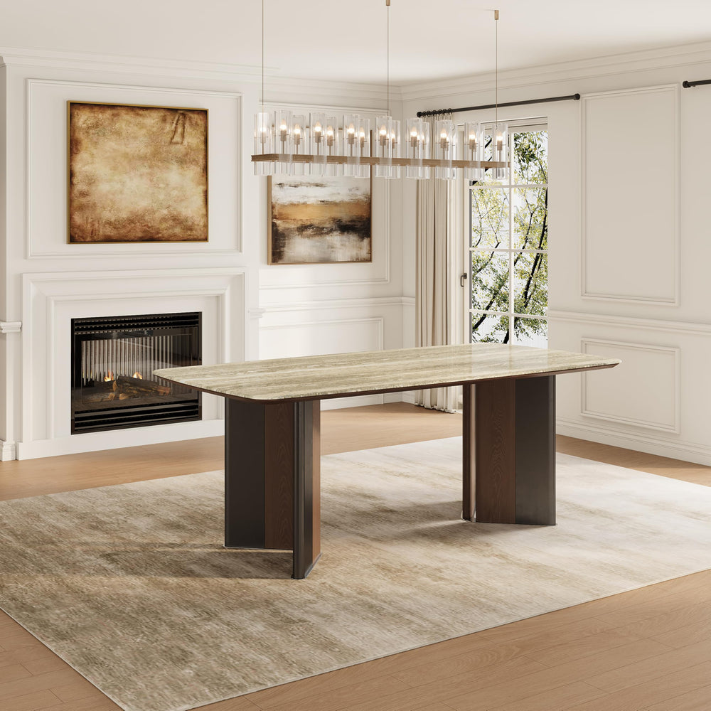 63-Inch Stone Top Dining Table with Dual-Tone Pedestal Legs