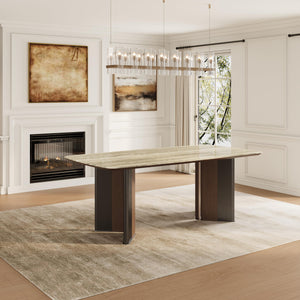 63-Inch Stone Top Dining Table with Dual-Tone Pedestal Legs
