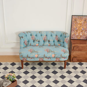 Victorian Armless Loveseat with Tufted Back & Solid Wood Legs – Floral Blue