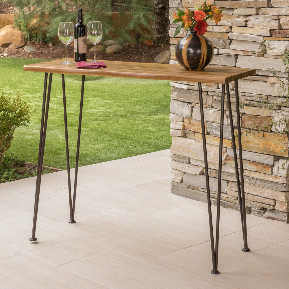 Outdoor Acacia Wood Bar Table with Iron Hairpin Legs