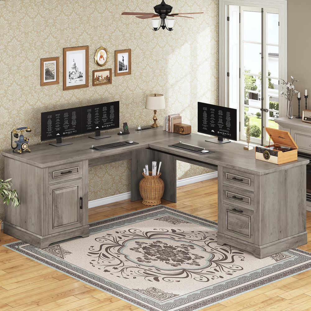 L-Shaped Executive Desk with Drawers, Storage Cabinet & Power Outlet