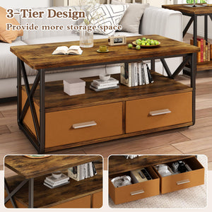 3 Piece Coffee Table Set with Fabric Drawers and Storage Shelves